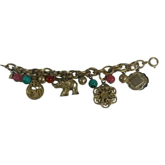 Elephant Trunks Up Good Luck Coin Vintage GERMANY Charm Bracelet 7” Chunky BOHO - Picture 1 of 7